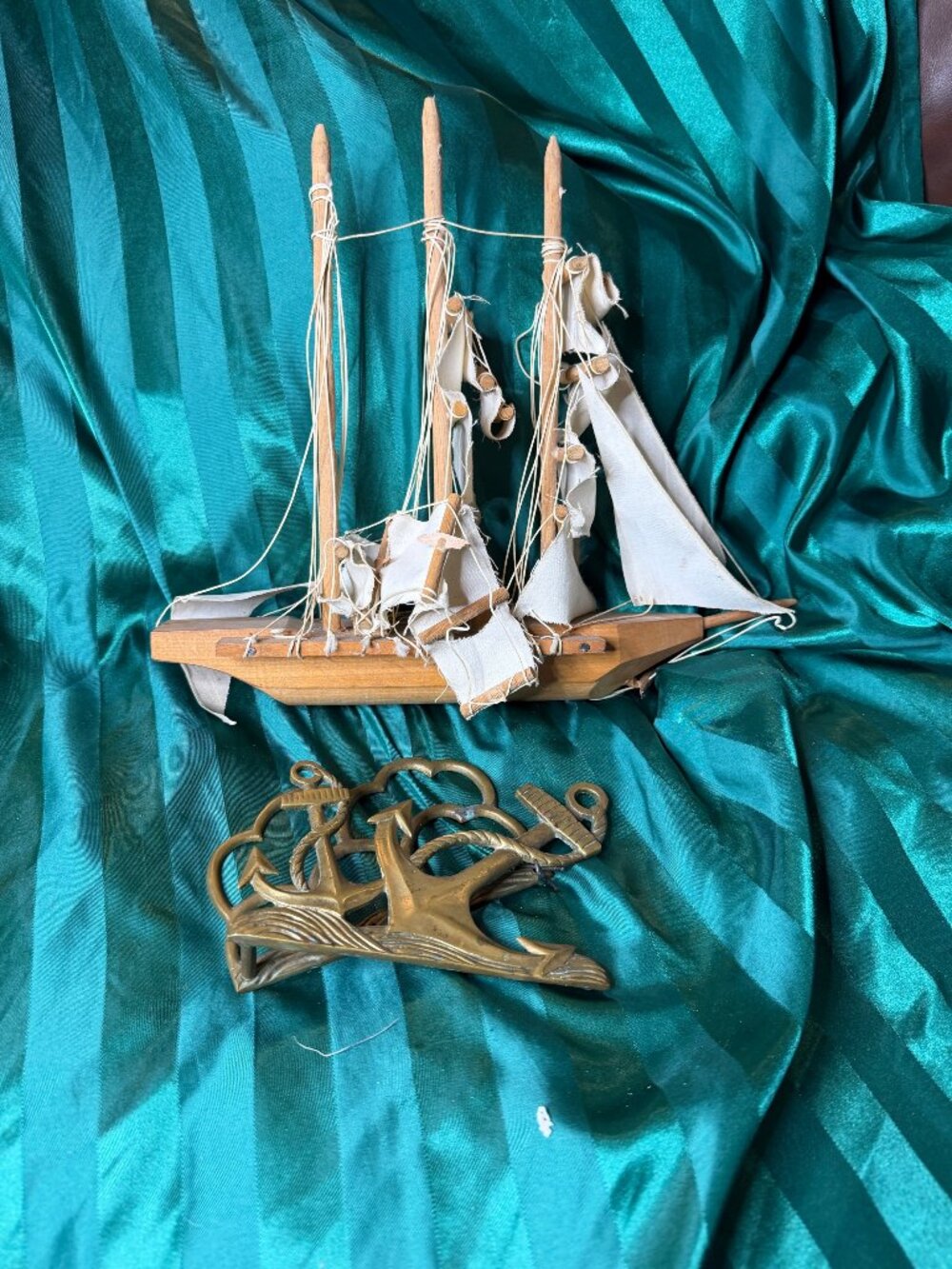 Vintage Wooden Model Ship with Brass Nautical Wall Hook